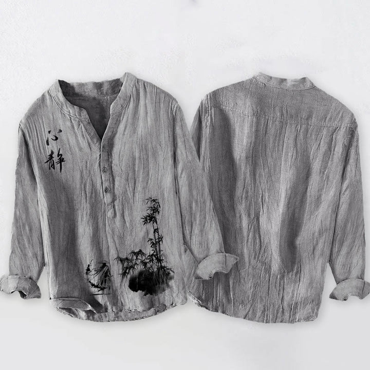 Camicia da uomo in cotone e lino a maniche lunghe con bottoni a mezzo bottone, motivo spadaccino, Buddha Stones in bambù - image 5