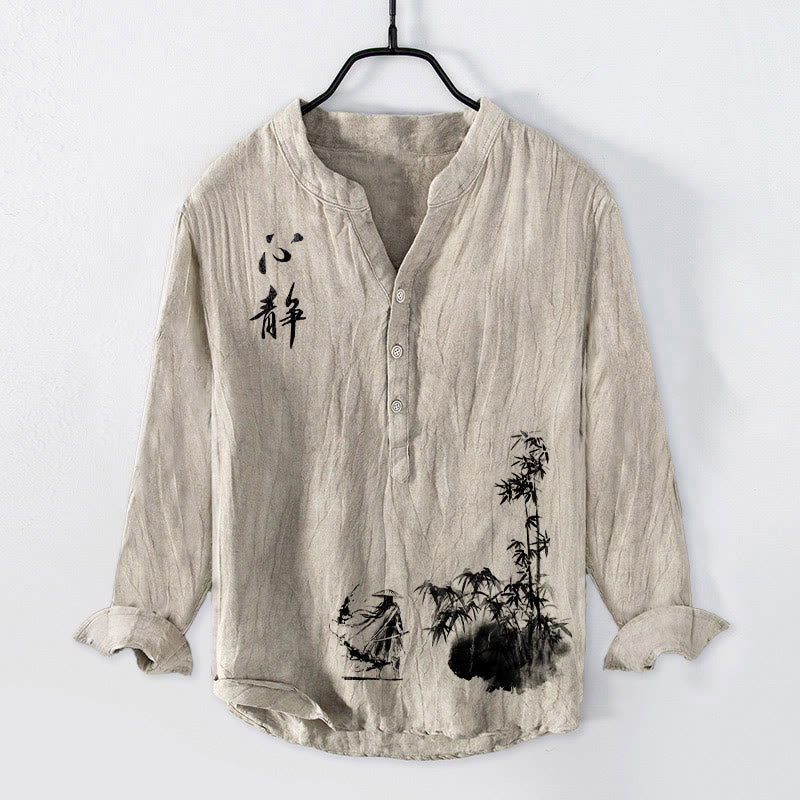 Camicia da uomo in cotone e lino a maniche lunghe con bottoni a mezzo bottone, motivo spadaccino, Buddha Stones in bambù - Biancheria - US/UK/AU50, EU60 (5XL) - image 0