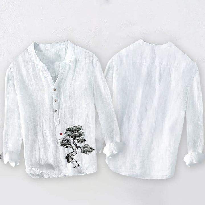 Camicia da uomo in cotone e lino a maniche lunghe con motivo Buddha Stones Pine Tree e bottoni a metà - image 8