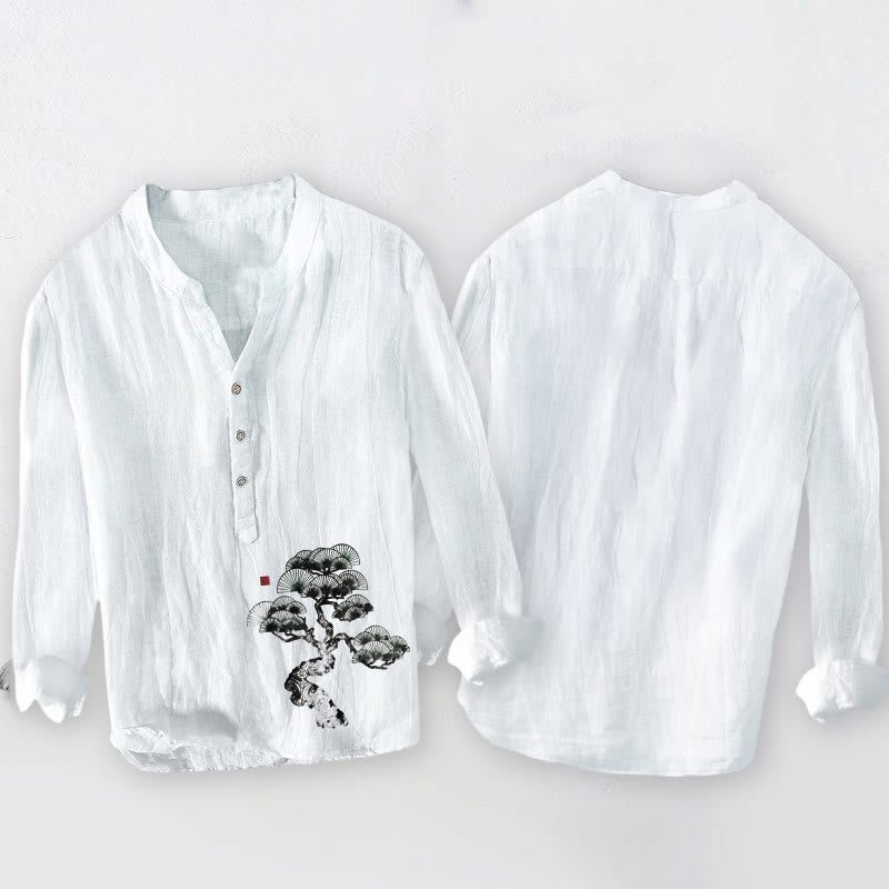 Camicia da uomo in cotone e lino a maniche lunghe con motivo Buddha Stones Pine Tree e bottoni a metà - image 8