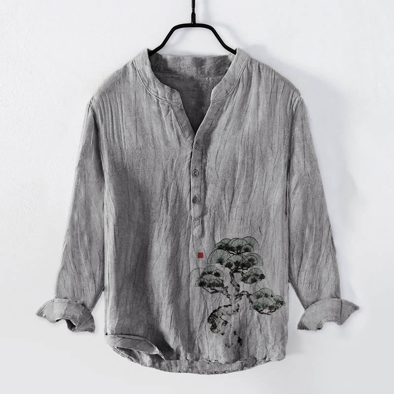 Camicia da uomo in cotone e lino a maniche lunghe con motivo Buddha Stones Pine Tree e bottoni a metà - Grigio - US/UK/AU50, EU60 (5XL) - image 3