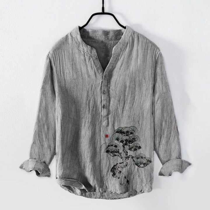 Camicia da uomo in cotone e lino a maniche lunghe con motivo Buddha Stones Pine Tree e bottoni a metà - Grigio - US/UK/AU50, EU60 (5XL) - image 3