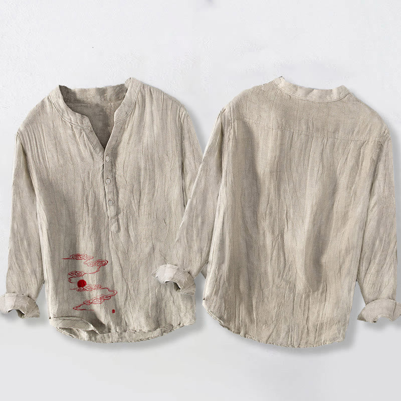 Camicia da uomo in cotone e lino a maniche lunghe con motivo a Buddha Stones, nuvole di buon auspicio e sole rosso - image 8