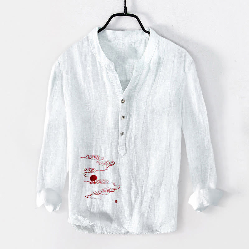 Camicia da uomo in cotone e lino a maniche lunghe con motivo a Buddha Stones, nuvole di buon auspicio e sole rosso - Bianco - US/UK/AU50, EU60 (5XL) - image 3