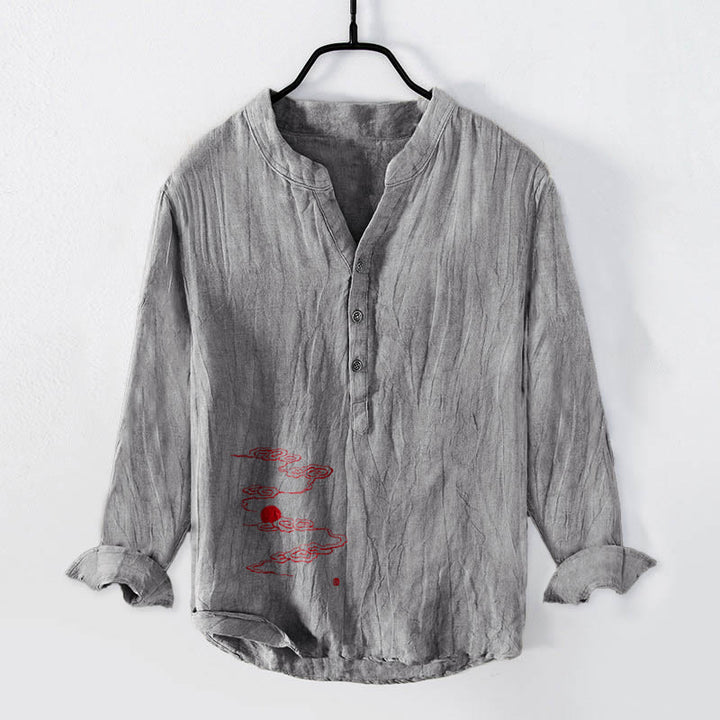 Camicia da uomo in cotone e lino a maniche lunghe con motivo a Buddha Stones, nuvole di buon auspicio e sole rosso - Grigio - US/UK/AU50, EU60 (5XL) - image 0