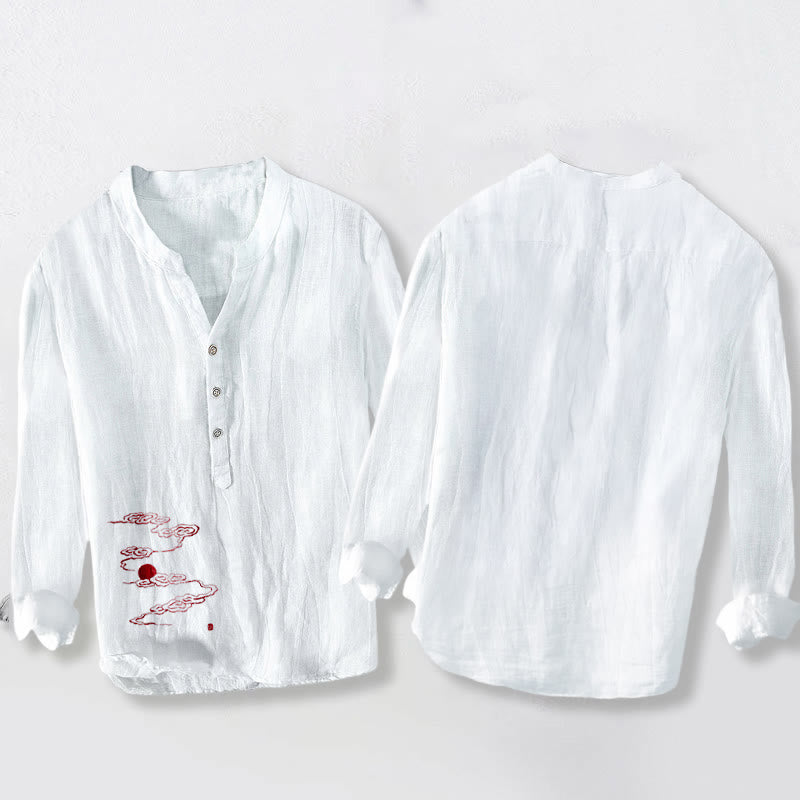 Camicia da uomo in cotone e lino a maniche lunghe con motivo a Buddha Stones, nuvole di buon auspicio e sole rosso - image 5