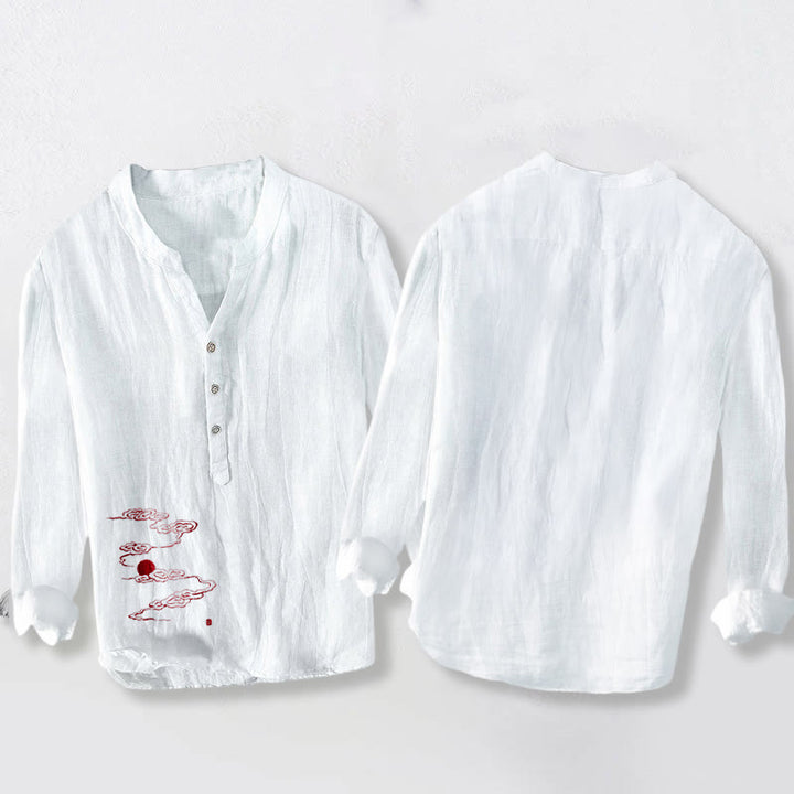 Camicia da uomo in cotone e lino a maniche lunghe con motivo a Buddha Stones, nuvole di buon auspicio e sole rosso - image 5