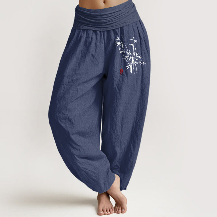 Buddha Stones Pantaloni harem in cotone con elastico in vita e motivo a foglie di bambù casual da donna - DarkSlateBlue - US16, UK/AU20, EU48 (3XL) - image 11