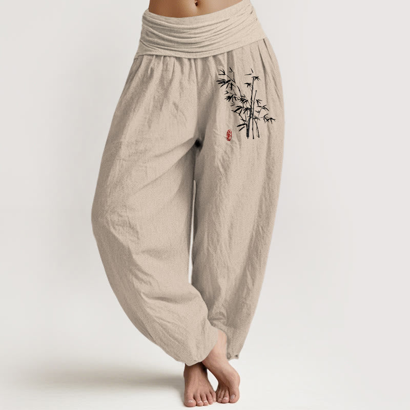 Buddha Stones Pantaloni harem in cotone con elastico in vita e motivo a foglie di bambù casual da donna - Tan - US16, UK/AU20, EU48 (3XL) - image 0