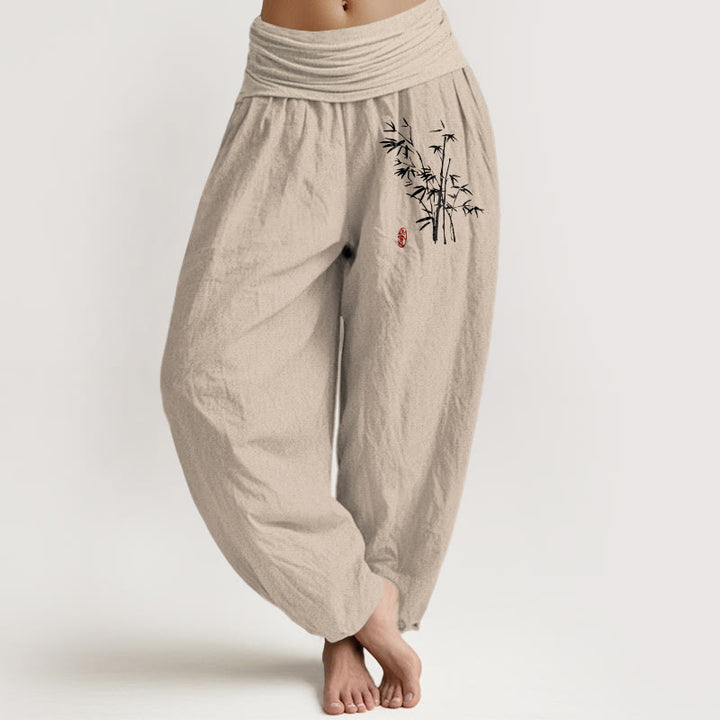 Buddha Stones Pantaloni harem in cotone con elastico in vita e motivo a foglie di bambù casual da donna - Tan - US16, UK/AU20, EU48 (3XL) - image 0