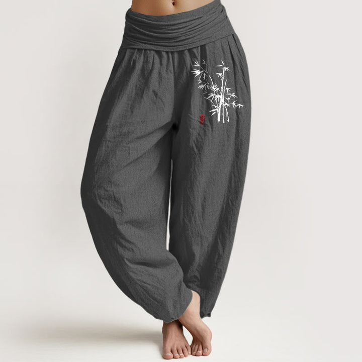 Buddha Stones Pantaloni harem in cotone con elastico in vita e motivo a foglie di bambù casual da donna - Grigio tenue - US16, UK/AU20, EU48 (3XL) - image 8