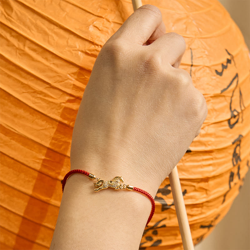 Bracciale portafortuna in argento sterling 925 con corda rossa dorata e pietre Buddha Stones, zodiaco cinese, anno del cavallo - image 2