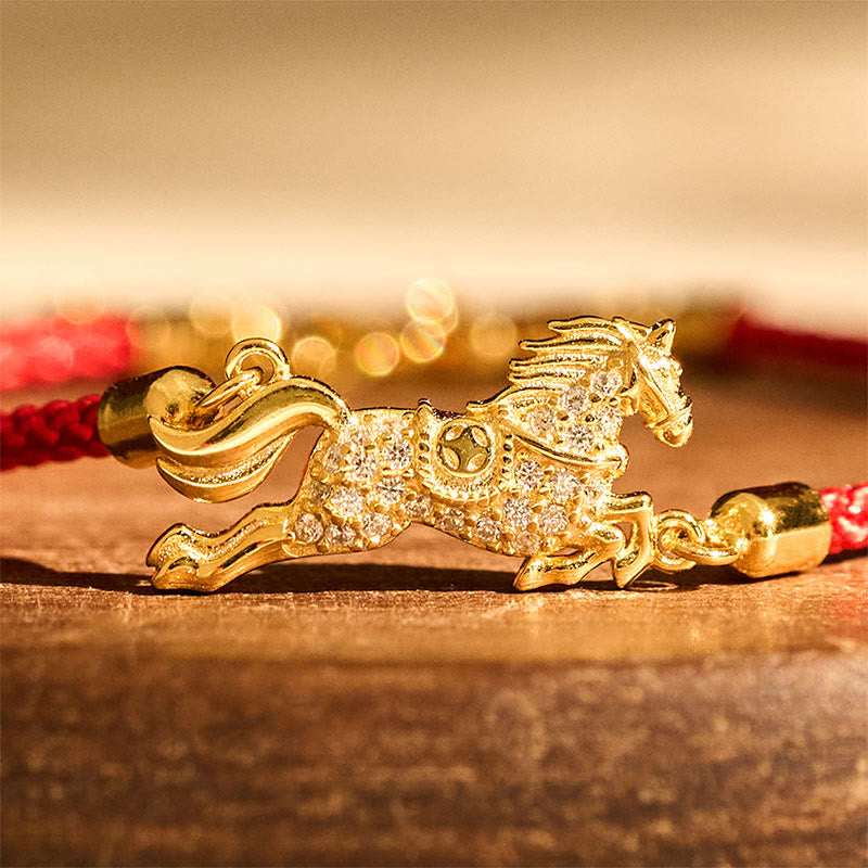 Bracciale portafortuna in argento sterling 925 con corda rossa dorata e pietre Buddha Stones, zodiaco cinese, anno del cavallo - image 3
