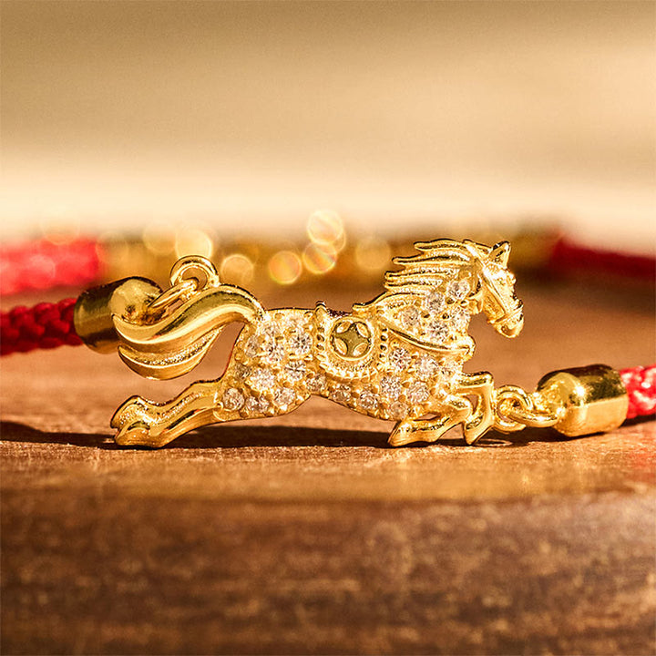 Bracciale portafortuna in argento sterling 925 con corda rossa dorata e pietre Buddha Stones, zodiaco cinese, anno del cavallo - image 3
