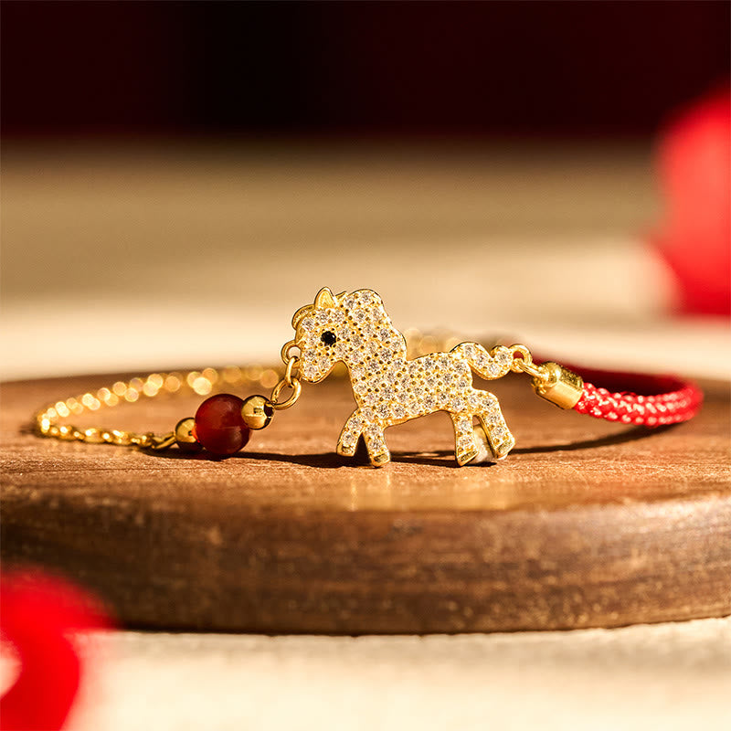Bracciale Buddha Stones in argento sterling 925 placcato oro 18k con corda rossa per l'anno del cavallo - image 1