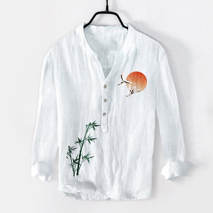 Camicia da uomo in cotone e lino a maniche lunghe con motivo a foglie di bambù, gru, Buddha Stones e bottoni mezzi - Bianco - US/UK/AU50, EU60 (5XL) - image 6