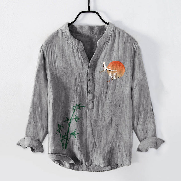 Camicia da uomo in cotone e lino a maniche lunghe con motivo a foglie di bambù, gru, Buddha Stones e bottoni mezzi - Grigio - US/UK/AU50, EU60 (5XL) - image 3