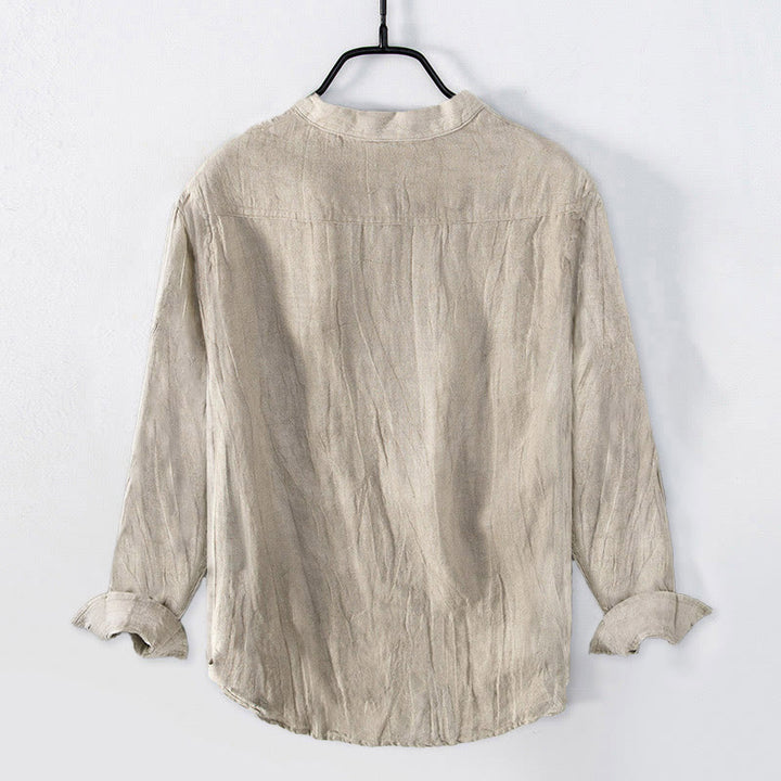 Camicia da uomo in cotone e lino a maniche lunghe con motivo a foglie di bambù, gru, Buddha Stones e bottoni mezzi - image 1