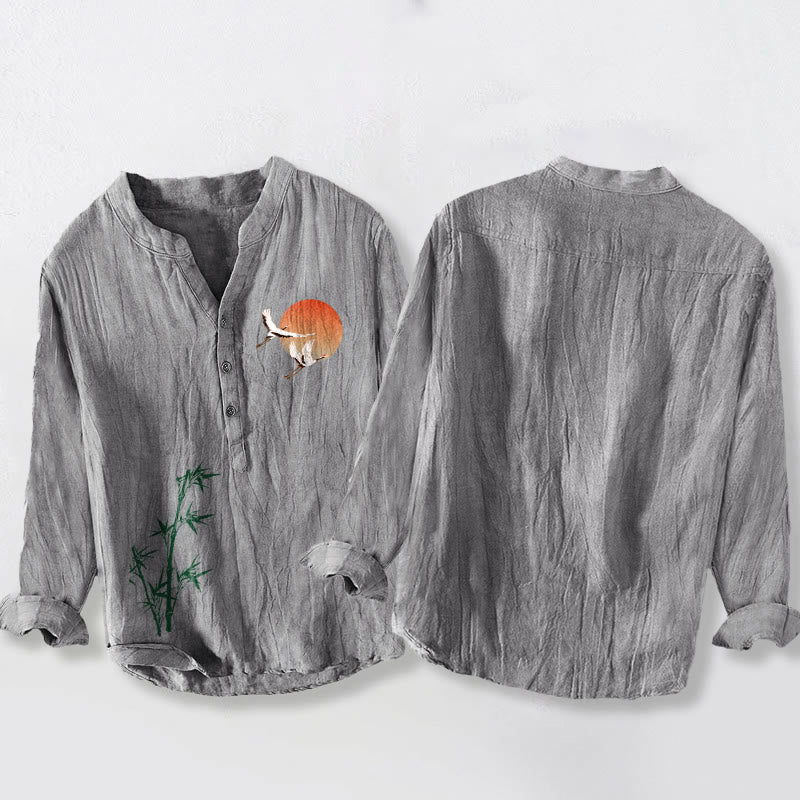 Camicia da uomo in cotone e lino a maniche lunghe con motivo a foglie di bambù, gru, Buddha Stones e bottoni mezzi - image 5