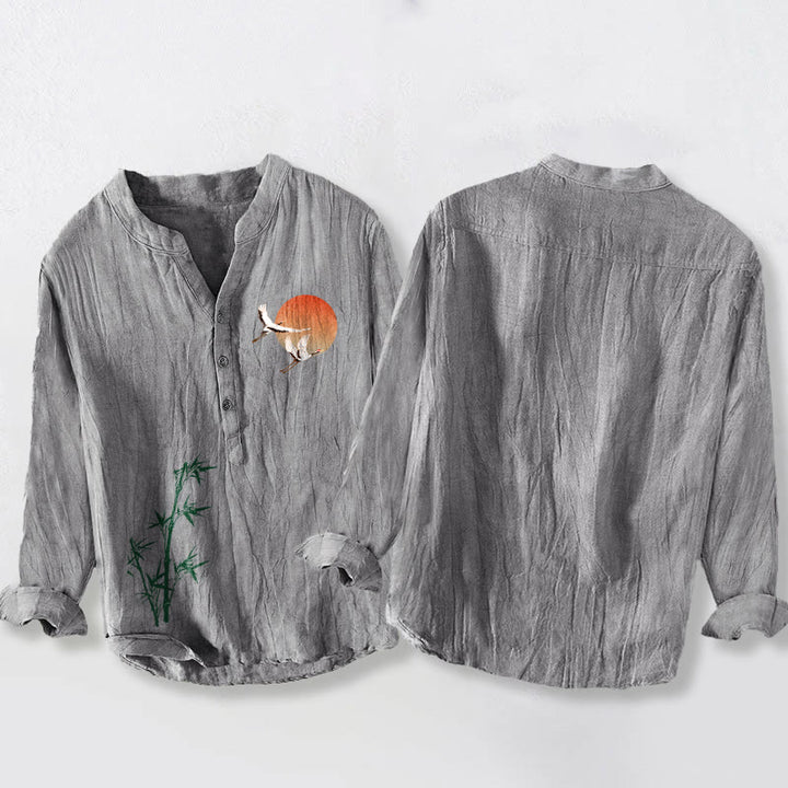 Camicia da uomo in cotone e lino a maniche lunghe con motivo a foglie di bambù, gru, Buddha Stones e bottoni mezzi - image 5