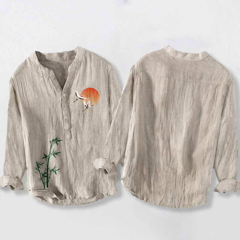 Camicia da uomo in cotone e lino a maniche lunghe con motivo a foglie di bambù, gru, Buddha Stones e bottoni mezzi - image 2