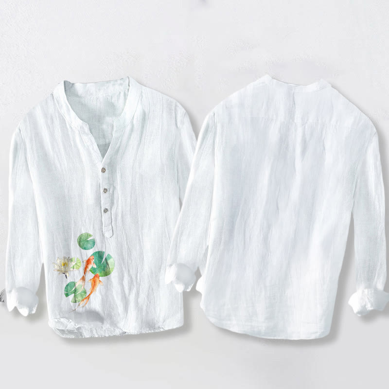 Camicia da uomo in cotone e lino a maniche lunghe con bottoni a metà, motivo Buddha Stones Koi Fish Lotus Leaves - image 2
