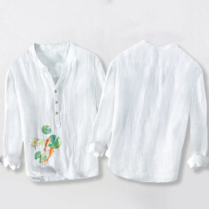 Camicia da uomo in cotone e lino a maniche lunghe con bottoni a metà, motivo Buddha Stones Koi Fish Lotus Leaves - image 2