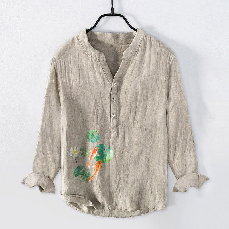 Camicia da uomo in cotone e lino a maniche lunghe con bottoni a metà, motivo Buddha Stones Koi Fish Lotus Leaves - Biancheria - US/UK/AU50, EU60 (5XL) - image 3