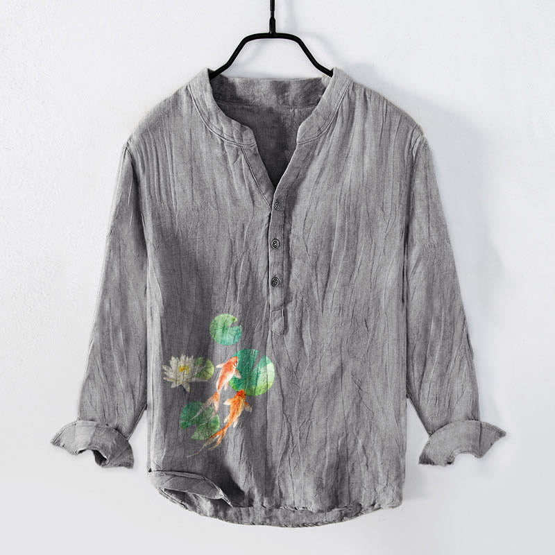 Camicia da uomo in cotone e lino a maniche lunghe con bottoni a metà, motivo Buddha Stones Koi Fish Lotus Leaves - Grigio - US/UK/AU50, EU60 (5XL) - image 6