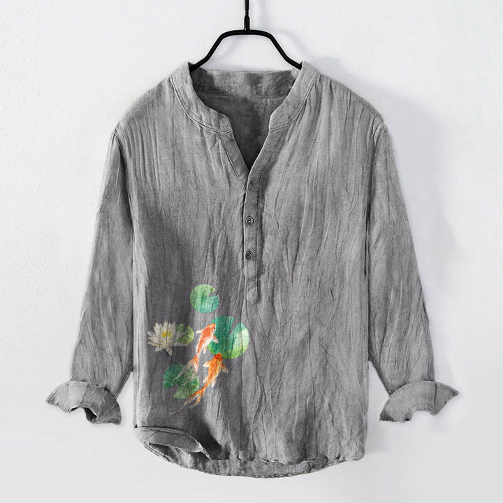 Camicia da uomo in cotone e lino a maniche lunghe con bottoni a metà, motivo Buddha Stones Koi Fish Lotus Leaves - Grigio - US/UK/AU50, EU60 (5XL) - image 6