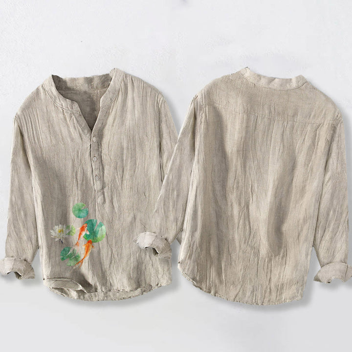 Camicia da uomo in cotone e lino a maniche lunghe con bottoni a metà, motivo Buddha Stones Koi Fish Lotus Leaves - image 5