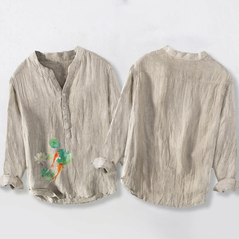 Camicia da uomo in cotone e lino a maniche lunghe con bottoni a metà, motivo Buddha Stones Koi Fish Lotus Leaves - image 5