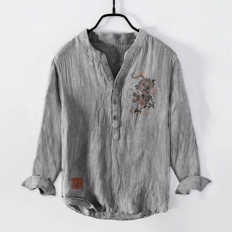 Camicia da uomo in cotone e lino a maniche lunghe con motivo a sigillo cinese, motivo a drago Buddha Stones - Grigio - US/UK/AU50, EU60 (5XL) - image 3