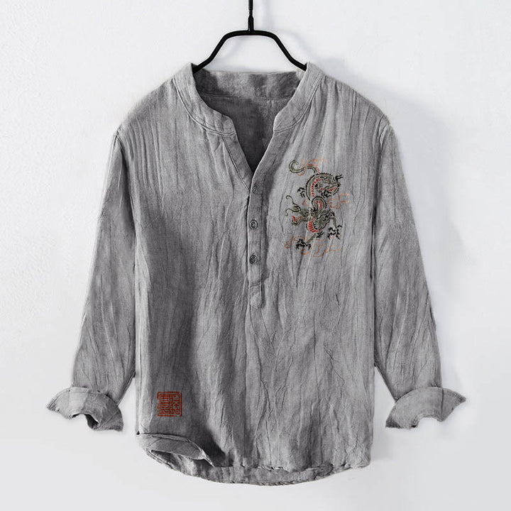 Camicia da uomo in cotone e lino a maniche lunghe con motivo a sigillo cinese, motivo a drago Buddha Stones - Grigio - US/UK/AU50, EU60 (5XL) - image 3