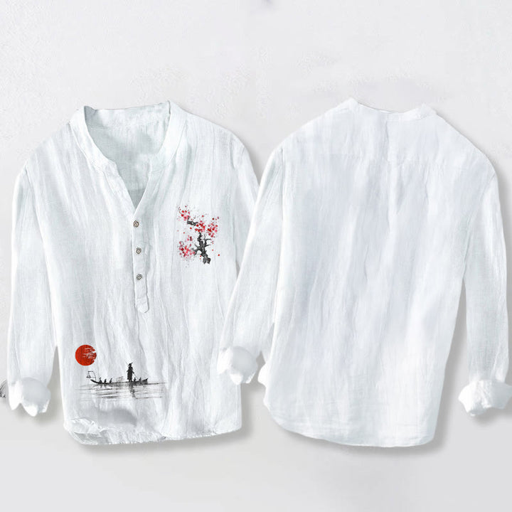 Camicia da uomo in cotone e lino a maniche lunghe con bottoni mezzi, motivo Buddha Stones Plum Blossom Sun Fisherman - image 8