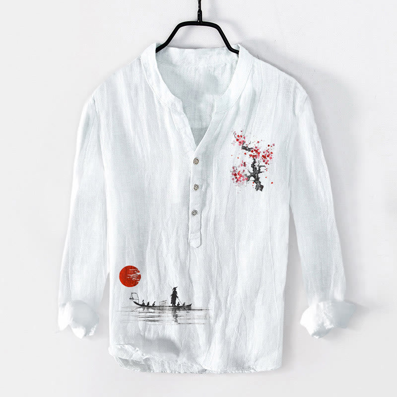 Camicia da uomo in cotone e lino a maniche lunghe con bottoni mezzi, motivo Buddha Stones Plum Blossom Sun Fisherman - Bianco - US/UK/AU50, EU60 (5XL) - image 6