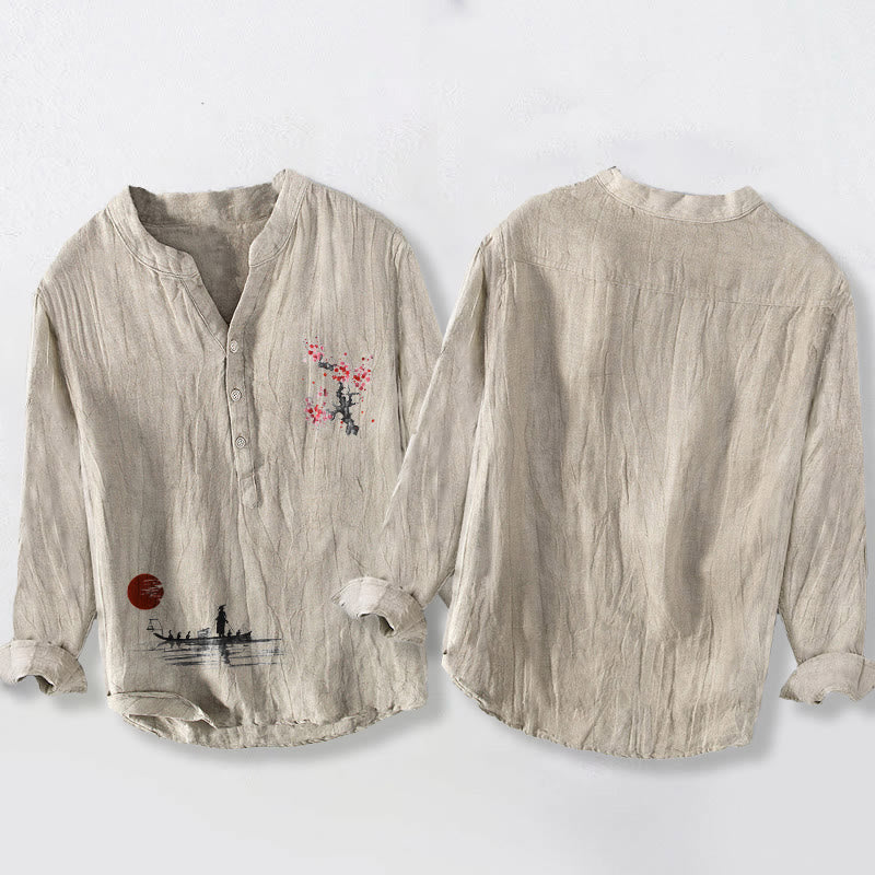 Camicia da uomo in cotone e lino a maniche lunghe con bottoni mezzi, motivo Buddha Stones Plum Blossom Sun Fisherman - image 2