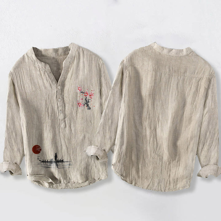 Camicia da uomo in cotone e lino a maniche lunghe con bottoni mezzi, motivo Buddha Stones Plum Blossom Sun Fisherman - image 2