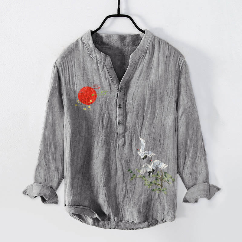 Camicia da uomo in cotone e lino a maniche lunghe con motivo a rami di pino e gru con Buddha Stones - Grigio - US/UK/AU50, EU60 (5XL) - image 0