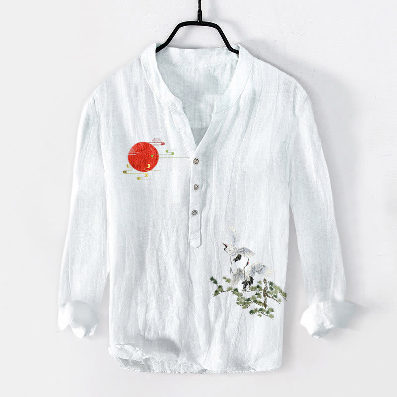 Camicia da uomo in cotone e lino a maniche lunghe con motivo a rami di pino e gru con Buddha Stones - Bianco - US/UK/AU50, EU60 (5XL) - image 3