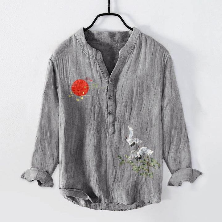 Camicia da uomo in cotone e lino a maniche lunghe con motivo a rami di pino e gru con Buddha Stones - Grigio - US/UK/AU50, EU60 (5XL) - image 0