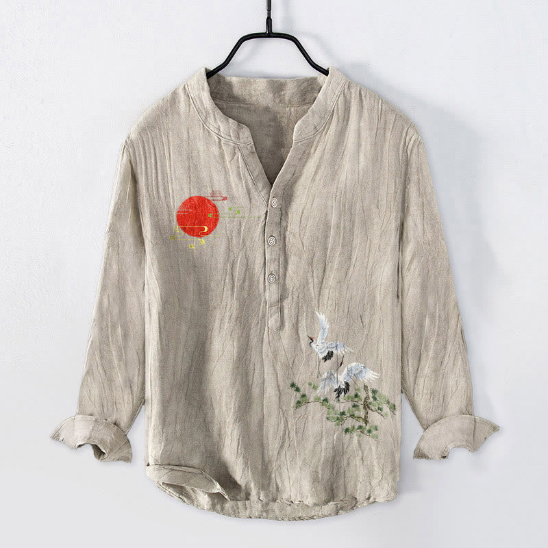 Camicia da uomo in cotone e lino a maniche lunghe con motivo a rami di pino e gru con Buddha Stones - Biancheria - US/UK/AU50, EU60 (5XL) - image 6