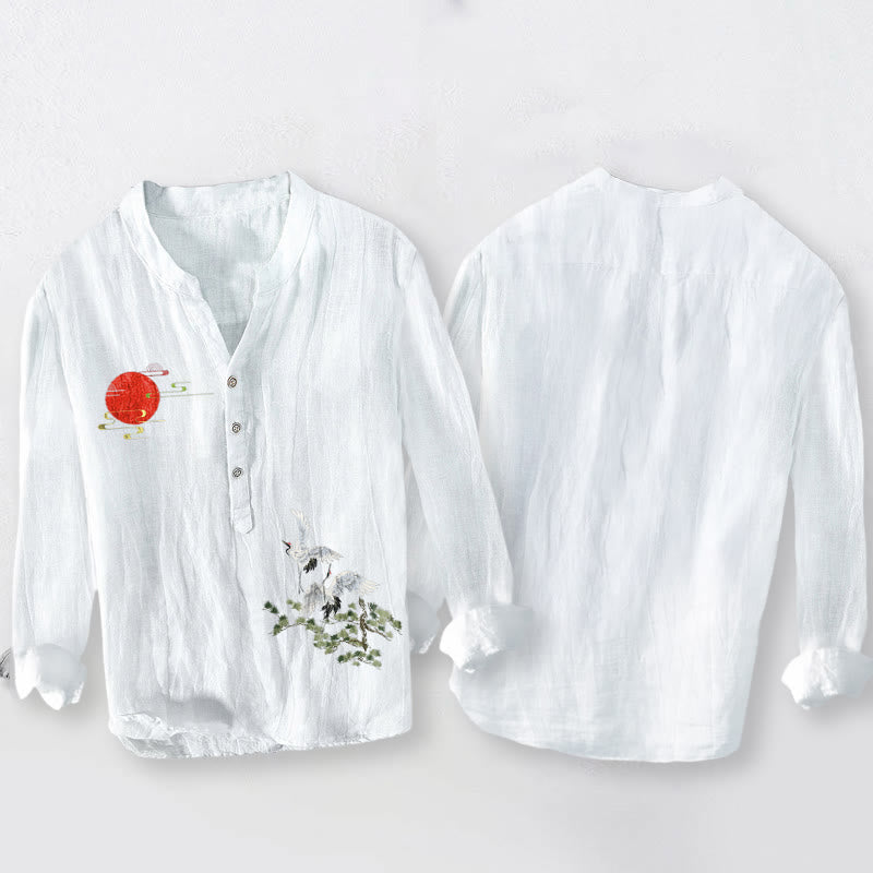 Camicia da uomo in cotone e lino a maniche lunghe con motivo a rami di pino e gru con Buddha Stones - image 5