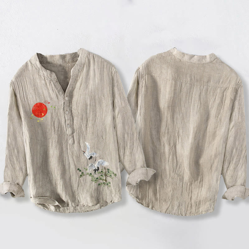 Camicia da uomo in cotone e lino a maniche lunghe con motivo a rami di pino e gru con Buddha Stones - image 8