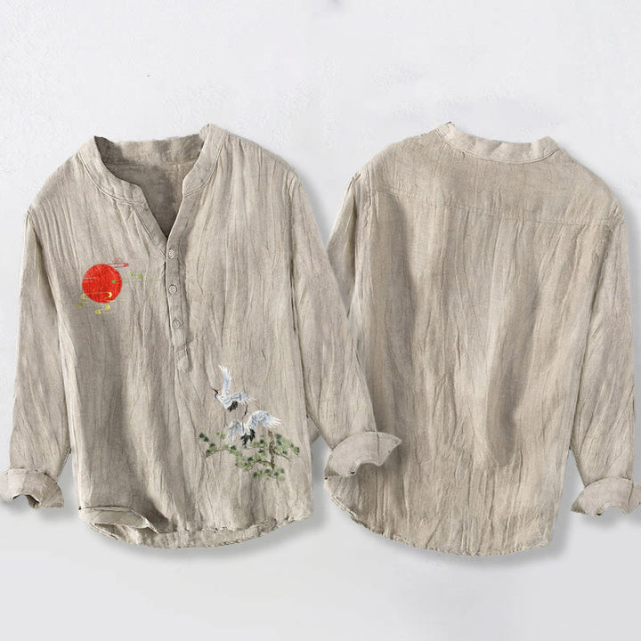 Camicia da uomo in cotone e lino a maniche lunghe con motivo a rami di pino e gru con Buddha Stones - image 8