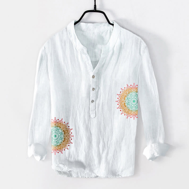 Camicia da Buddha Stones in cotone e lino a maniche lunghe con motivo mandala colorato e bottoni a metà - Bianco - US/UK/AU50, EU60 (5XL) - image 0