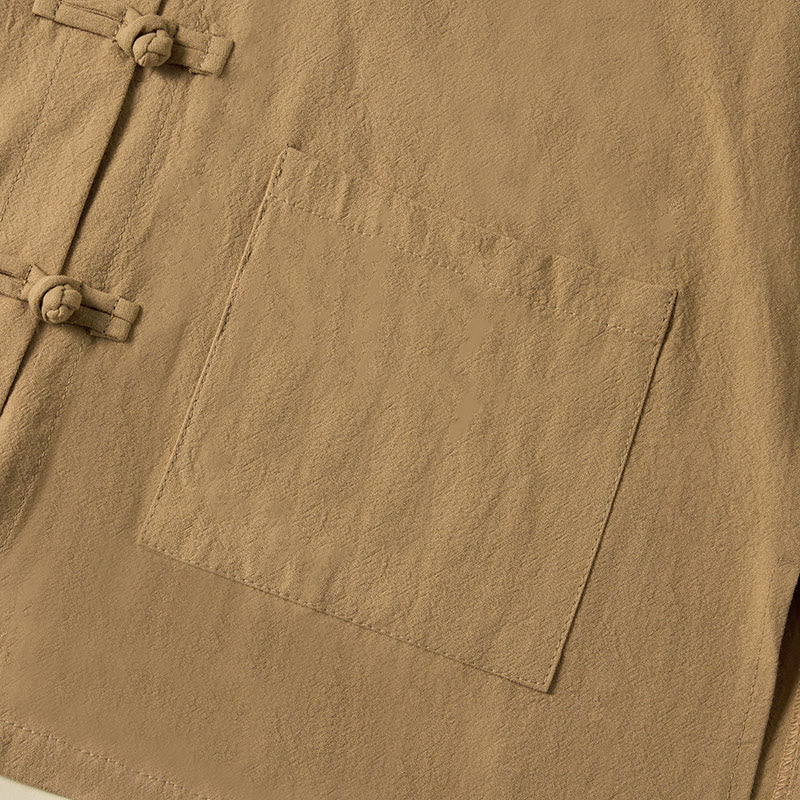 Camicia da donna in cotone con colletto rialzato, maniche lunghe, bottoni etnici a forma di rana, con tasche Buddha Stones - image 5