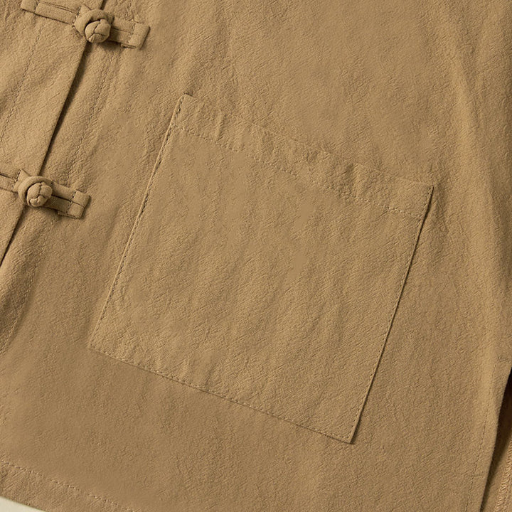 Camicia da donna in cotone con colletto rialzato, maniche lunghe, bottoni etnici a forma di rana, con tasche Buddha Stones - image 5