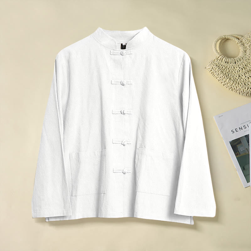Camicia da donna in cotone con colletto rialzato, maniche lunghe, bottoni etnici a forma di rana, con tasche Buddha Stones - Bianco - US8-10, UK/AU12-14, EU40-42 (2XL) - image 7