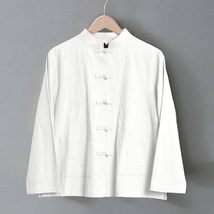 Camicia da donna in cotone con colletto rialzato, maniche lunghe, bottoni etnici a forma di rana, con tasche Buddha Stones - image 8